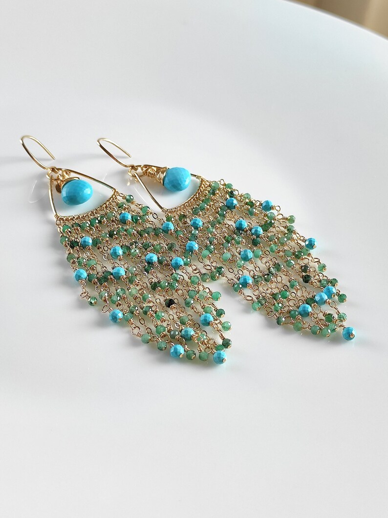 Turquoise&emerald Tassels Earrings // Gemstones Long Earring Etsy