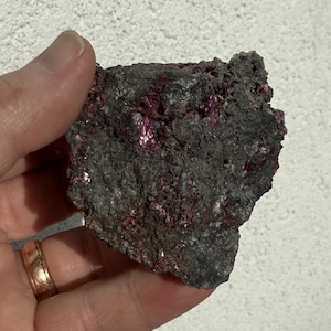 May include: A hand holds a dark gray rock with vibrant, crystalline, magenta-colored inclusions. The rock's surface is rough and textured, with a mix of dark gray and reddish-brown hues. The overall appearance suggests a mineral specimen.