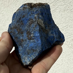 May include: A rough, natural lapis lazuli stone with a deep blue color and flecks of gold and pyrite. The stone is held in a hand, showcasing its irregular shape and texture. The background is a plain white wall.