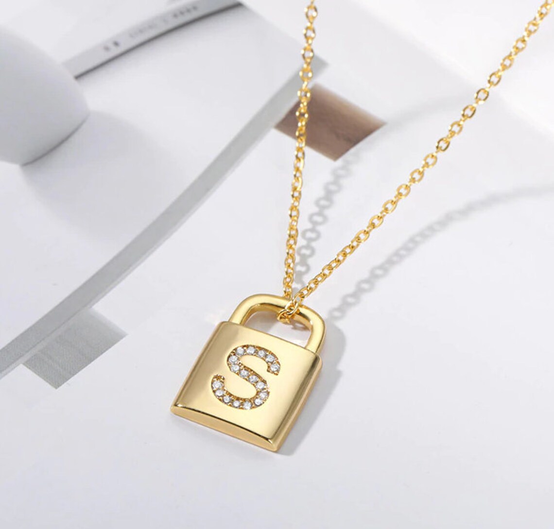 Padlock Necklace Initial Necklace Lock Necklace Gold Necklace Etsy