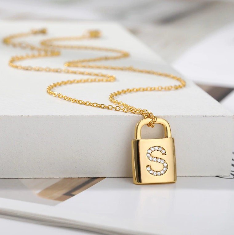 Padlock Necklace Initial Necklace Lock Necklace Gold Necklace Etsy