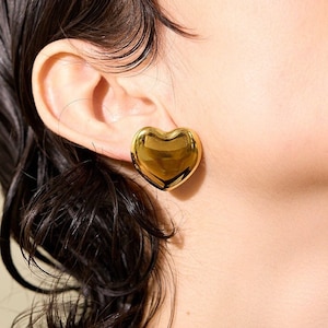 Oversized Retro Earrings, Large Heart Studs, Chunky Polished Statement Earrings, Dome Waterproof Gold Silver Plated Earrings, Christmas Gift