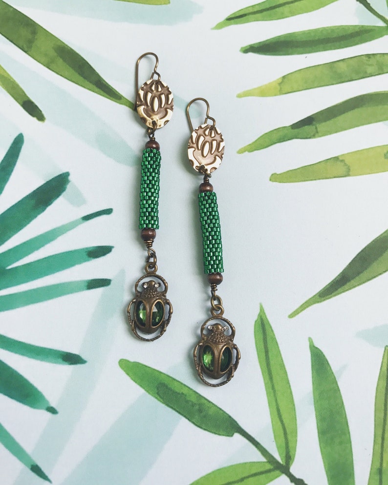 Hand Beaded Emerald Tube Brass Beetle Earrings - Etsy