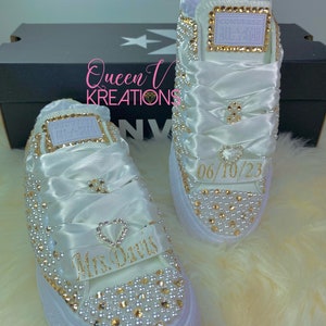 Champagner Bling Hochzeits-Hochzeits-Braut Sneakers-Chucks und Perlen-Bling Chuck Taylors-Bling Sneakers