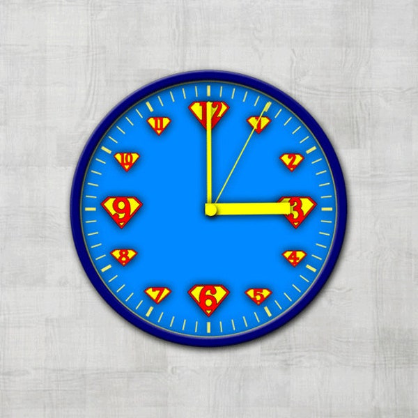 8" Superman Clock / Superhero Clock / Superman Clock Numbers / Boys Superhero / Girls Superhero