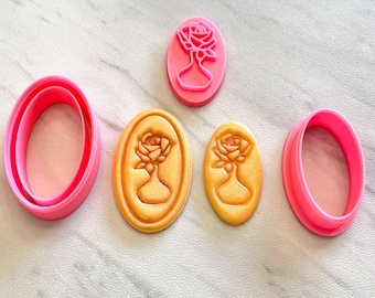 Rose Flower and Vase Stamps Oval Fancy Cutter Polymer Clay Jewelry Earrings Making or Soap #1112