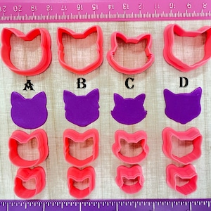 May include: Four different sized cat-shaped cookie cutters, each with a different design. The cutters are pink and are arranged in rows of four. The top row shows the cutters, the middle row shows the cutters with purple fondant pressed into them, and the bottom row shows the cutters again.