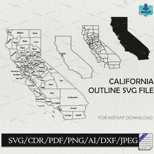 California Map Outline SVG DXF Files Cut Files United States of America Vector Files California Vector MS Map Clip Art For Laser Cutting