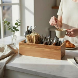 Può includere: Un organizer per posate in legno con più scomparti che contiene posate e bastoncini di legno. L'organizer è appoggiato su un piano di lavoro bianco accanto a un taccuino e una penna. Una persona sta mescolando una bevanda in una tazza.