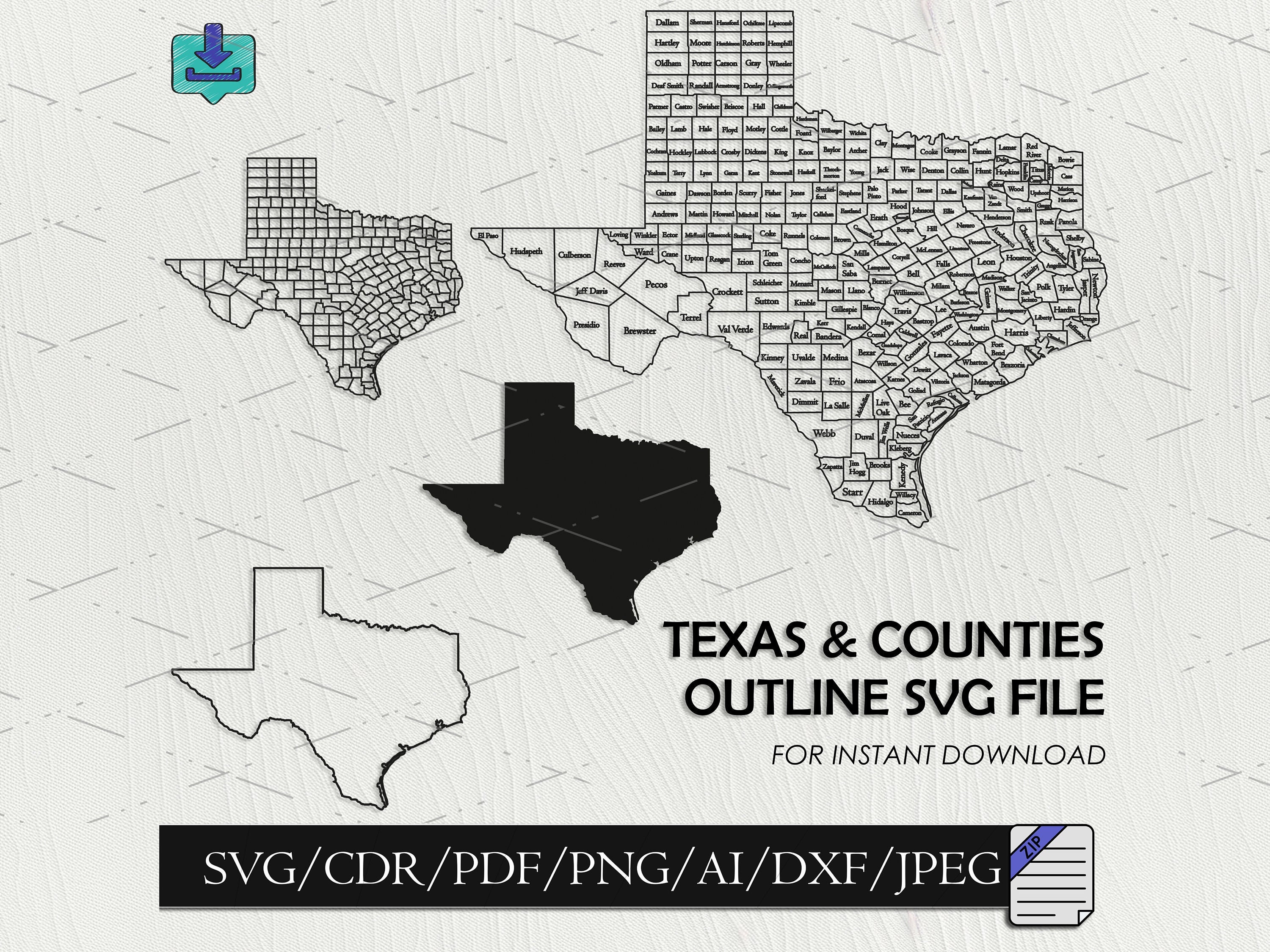 Texas Maps With Counties Outline SVG DXF Files Cut Files United States ...