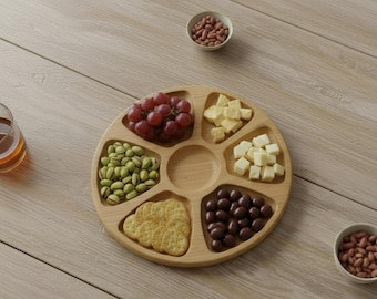 Bandeja redonda de madera para aperitivos, bandeja dividida con 6 compartimentos, ideal para frutos secos, frutas, galletas, tapas y fiestas.