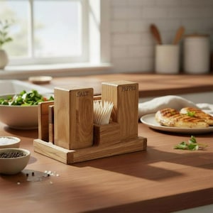 Può includere: Saliera e pepiera in legno con portastuzzicadenti. La saliera è contrassegnata con "SALT" e la pepiera con "PEPPER". Il set è su una base di legno. Ciotole di sale e pepe in primo piano.