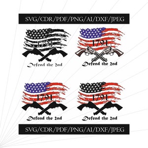 Op de afbeelding: Vier digitale ontwerpen met een verweerde Amerikaanse vlag met gekruiste pistolen en de tekst "1791 Defend the 2nd".