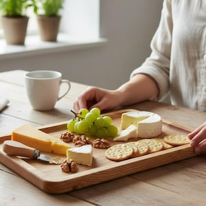 May include: A wooden serving tray holds cheese, crackers, grapes, and walnuts. A white mug and a plate of crackers are nearby. The tray is on a wooden table, with a window and plants in the background.