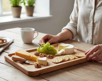 Wooden Serving Tray - Rectangular Ash Wood Breakfast Board, Minimalist Kitchen Platter, Large Snack & Coffee Tray
