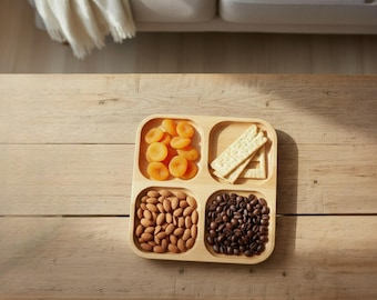 Square Wooden Snack Tray 4-Compartment Serving Board, Divided Appetizer Platter, Wooden Charcuterie Dish for Nuts, Fruits & Treats
