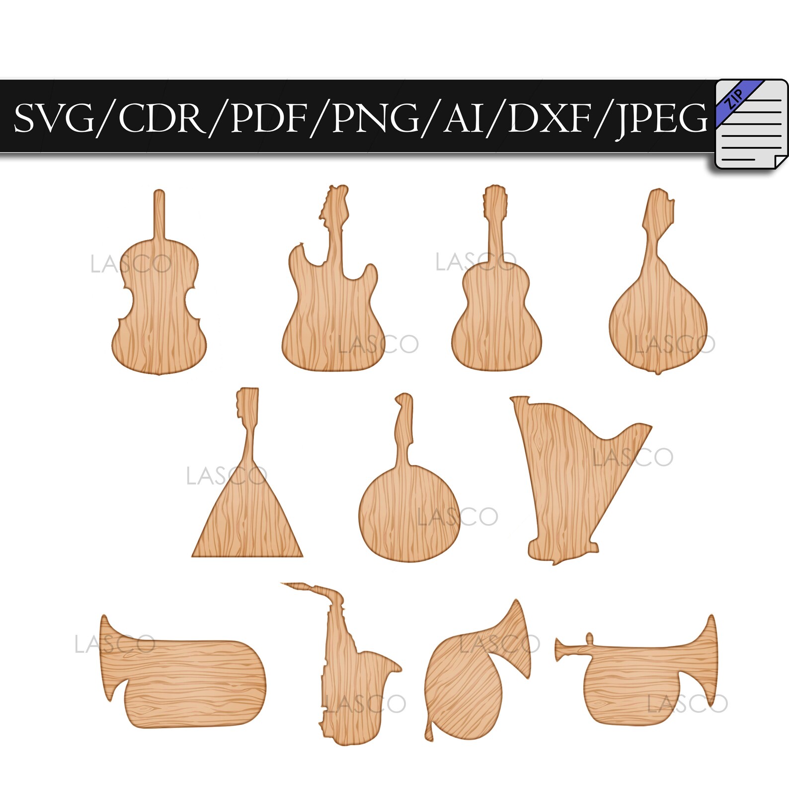 Music Instruments SVG Clipart Vector Bundle CNC File for Guitar Tuba ...