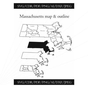 Massachusetts Maps Outline SVG DXF Files Massachusetts Cut Files United States of America Silhouette Vector Clip Art For Laser Cutting