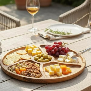May include: A wooden serving platter filled with crackers, cheese, olives, nuts, dried apricots, and red grapes. Two wine glasses and a plate with appetizers are on a wooden table. A cheese knife rests on the platter.