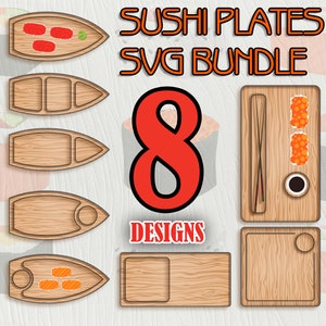 SVG Sushi Serving Boards & Platters Bundle File CNC per piani di lavorazione del legno Sushi Boat Charcuterie Sushi Board Set svg pdf dxf cdr ai file