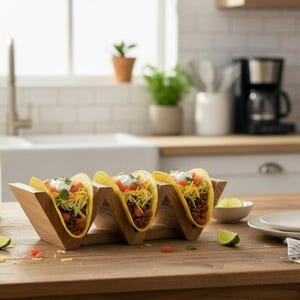 May include: Three fully loaded tacos in wooden holders on a wooden table. The tacos have ground meat, shredded cheese, tomatoes, and sour cream. Limes and a pitcher of lemonade are also on the table, with a kitchen in the background.