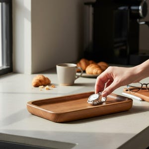 Può includere: Un vassoio rettangolare in legno con un orologio da polso argentato. Una mano posiziona l'orologio sul vassoio. Altri oggetti sul bancone includono una tazza, croissant, un taccuino e occhiali. La scena è ambientata in una cucina.