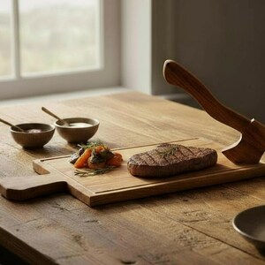 Puede incluir: Una tabla de cortar de madera con un bistec a la plancha, verduras y pequeños cuencos de salsa. Una cuchilla de carnicero de madera en forma de hacha descansa sobre la tabla. La escena está ambientada en una mesa de madera cerca de una ventana.