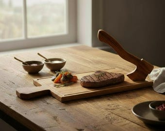 Servierbrett aus Holz für Steaks mit dekorativer Axt, rustikale Grillplatte, Präsentationsbrett für Grillzubehör