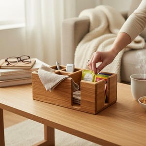 Può includere: Un organizer in legno con più scomparti è appoggiato su un tavolo marrone chiaro. L'organizer contiene bustine di tè, un tovagliolo, penne e un piccolo dispositivo bianco. Una tazza di tè e una ciotola di biscotti sono anche sul tavolo.
