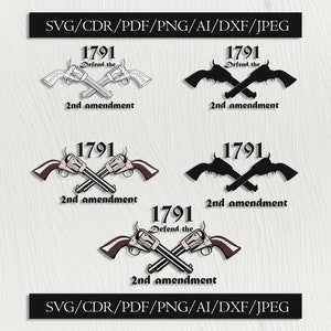 以下が含まれることがあります： 2丁の交差したピストルと「1791 Defend the 2nd amendment」というテキストを特徴とするグラフィックデザインの4つの異なるバリエーション。デザインは白黒と茶白です。
