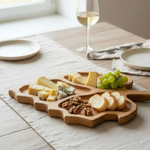 Puede incluir: Una bandeja de madera con forma de hoja llena de quesos, uvas verdes, nueces y pan en rodajas. Una copa de vino blanco y dos platos completan la presentación, creando un ambiente sofisticado.