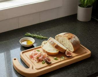 Wooden Serving Board with Handle, Rustic Cheese and Bread Board, Handmade Wood Platter for Snacks and Appetizers