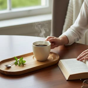 May include: A steaming cup of coffee sits on a wooden tray with a sprig of mint and a spoon. An open book and eyeglasses are on the table. The scene is set near a window, suggesting a relaxing moment.