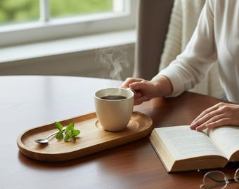 Wooden Coffee Tray - Coffee Serving Board with Cup Holder, Tea Snack Tray, Minimalist Oval Wooden Breakfast Tray