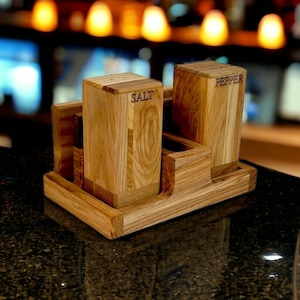 Salz- und Pfefferstreuer aus Holz, Salzstreuer, Zahnstocherhalter, Gewürzregal, Serviettenhalter, rustikale Hochzeitstischdekoration, Küchenorganizer, Serviergeschirr