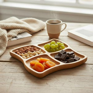 May include: A wooden serving platter with four sections containing nuts, green grapes, dried apricots, and dark chocolate. A cup of coffee and a book are on the wooden table. A beige blanket is in the background.