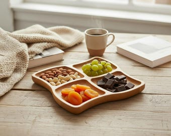 Wooden Snack Tray 4 Section Serving Platter, Divided Appetizer Tray, Wooden Charcuterie Board, Sectioned Snack Board, Handmade Party Tray