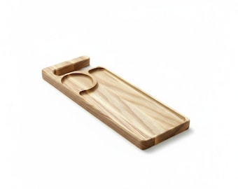 Wood Tea & Coffee Serving Tray - Long Wooden Snack Platter with Cup Holder, Ash Wood Breakfast Tray, Minimalist Handmade Serving Board