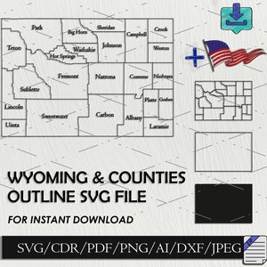 Wyoming Maps With Counties Outline SVG DXF Files Cut Files United States of America Vector Files Wyoming Map Clip Art For Laser Cutting