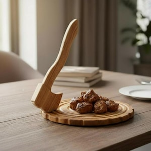 Puede incluir: Un ablandador de carne de madera con forma de hacha, apoyado sobre una tabla redonda de madera con comida. La tabla está sobre una mesa de madera, con un plato blanco y libros en el fondo.