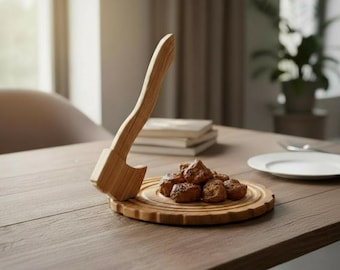 Ronde houten steakplank met bijlsteel, rustieke barbecue serveerschaal voor vlees, grillaccessoire, vleesschaal