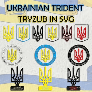 May include: A digital design file for a Ukrainian trident, also known as a tryzub, in SVG format. The image shows multiple variations of the trident in different colors, including yellow, blue, black, red, and white. The text "FIGHT FOR FREEDOM STAND WITH UKRAINE" is also included in the design.