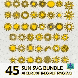 May include: A set of 45 yellow sun SVG designs. The suns are in various styles, including simple circles, rays, and swirls. The text "45 SUN SVG BUNDLE" is at the bottom of the image, along with the text "AI CDR DXF JPEG PDF PNG SVG".