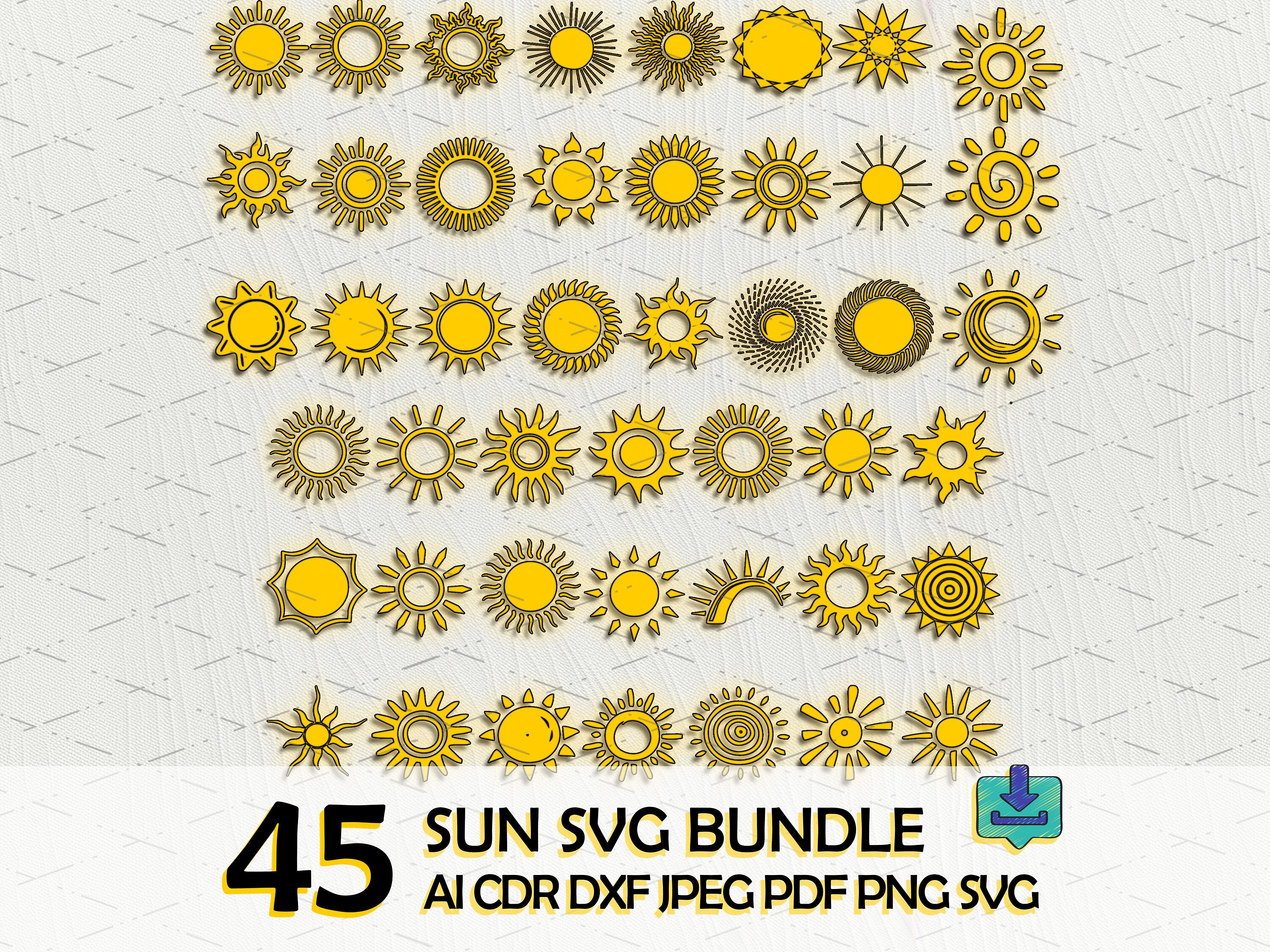 Sun Rise Dxf 45 Suns Outline SVG DXF Files Cut File Sunny CDR Vector Files Vector ...
