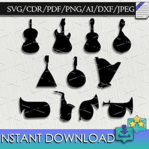 May include: A set of 10 black silhouette icons of musical instruments, including a violin, guitar, ukulele, banjo, balalaika, saxophone, trumpet, and a tuba. The icons are arranged in a grid pattern on a white background.