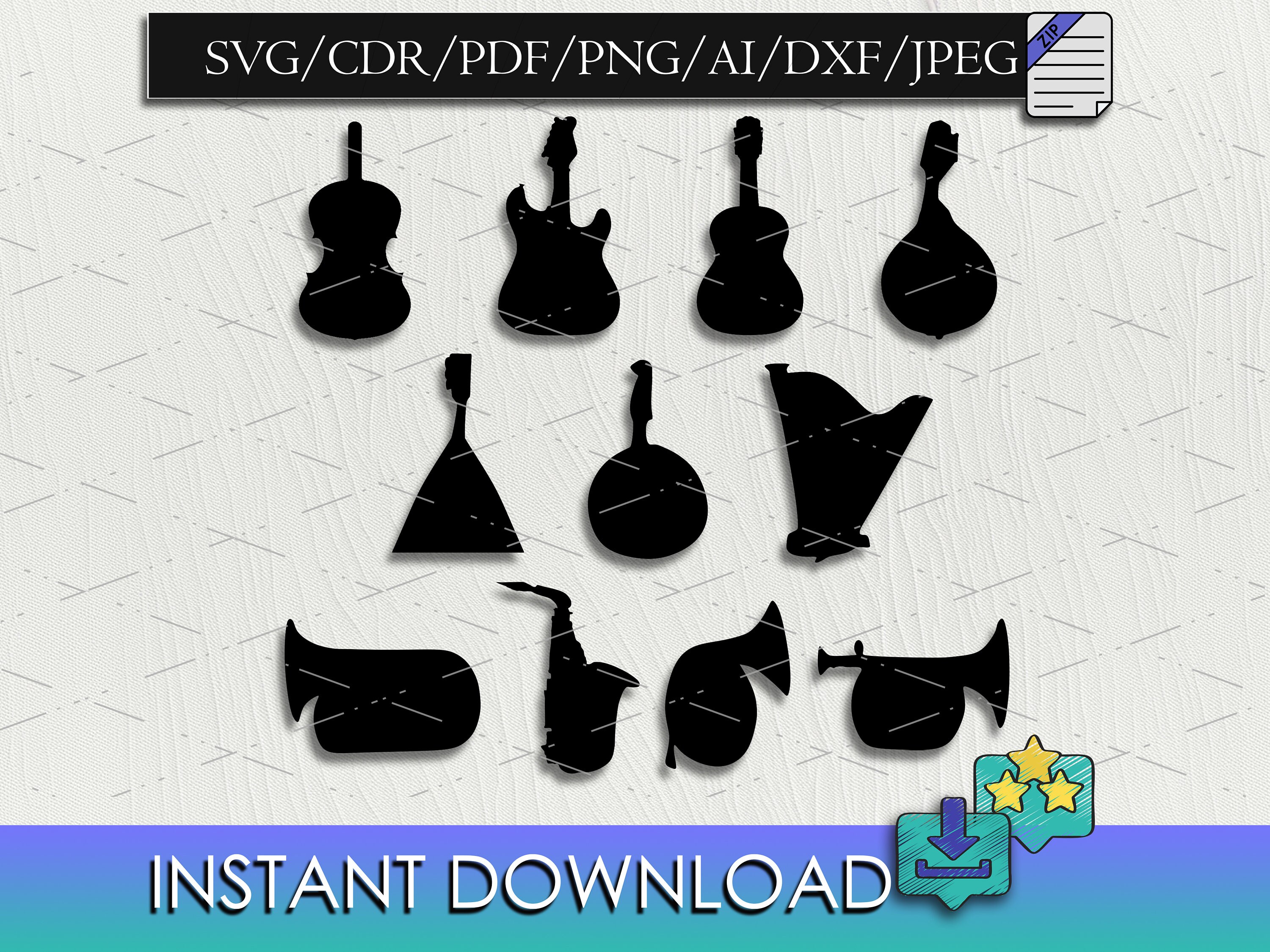 Music Instruments SVG Clipart Vector Bundle CNC File for Guitar Tuba ...