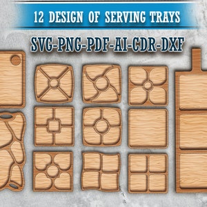 May include: Twelve different designs for serving trays, each with a different pattern of cutouts. The trays are made of wood and have a light brown color. The designs include a simple rectangle, a square with a cross pattern, a square with a flower pattern, a square with a circle pattern, a square with a wavy pattern, a square with a grid pattern, a square with a diamond pattern, a square with a star pattern, a square with a heart pattern, a square with a leaf pattern, a square with a geometric pattern, and a rectangular tray with three compartments.