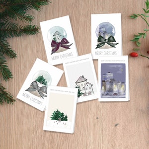 Set cartoline di Natale | Natale | Auguri di Natale | globo di neve | Paesaggio invernale | Albero di Natale | biglietto pieghevole | Pressione