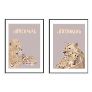 Poster del leone | personalizzabile | Immagine di animali | Famiglia | Mamma Leone | Papà leone | Cucciolo di animale | Cameretta | Decorazione murale | DIN A4 | DIN A3
