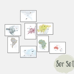 | poster della mappa del mondo Set di immagini | Continenti | | della Terra Paesi | | della fauna selvatica | di riferimento Decorazione murale della camera dei bambini | Stampa |  Acquerello